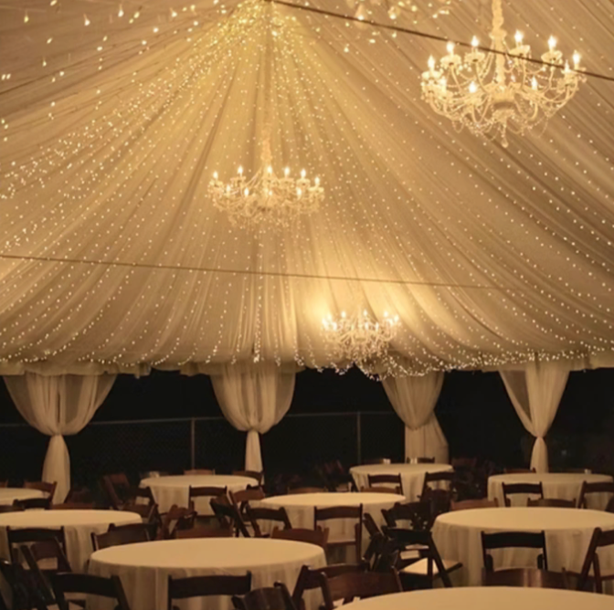 Fully Draped Twinkle Light Industrial Tent